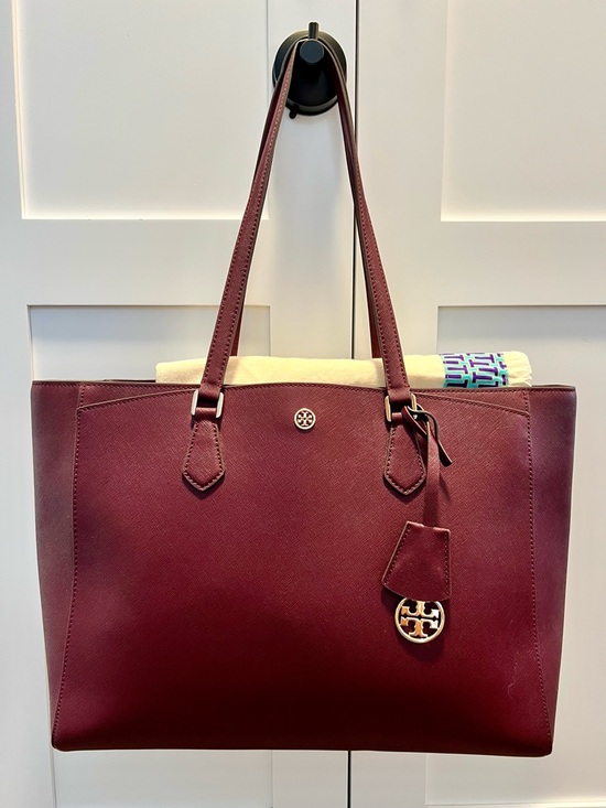 Tory Burch Handbags - ⭐️ Tory Burch Burgundy Saffiano Leather Tote Bag Large Gold Logo Structured